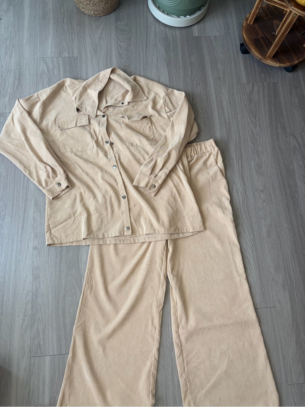 Beige Two-Piece Lounge Set - Button Front Top & Wide Leg Pants